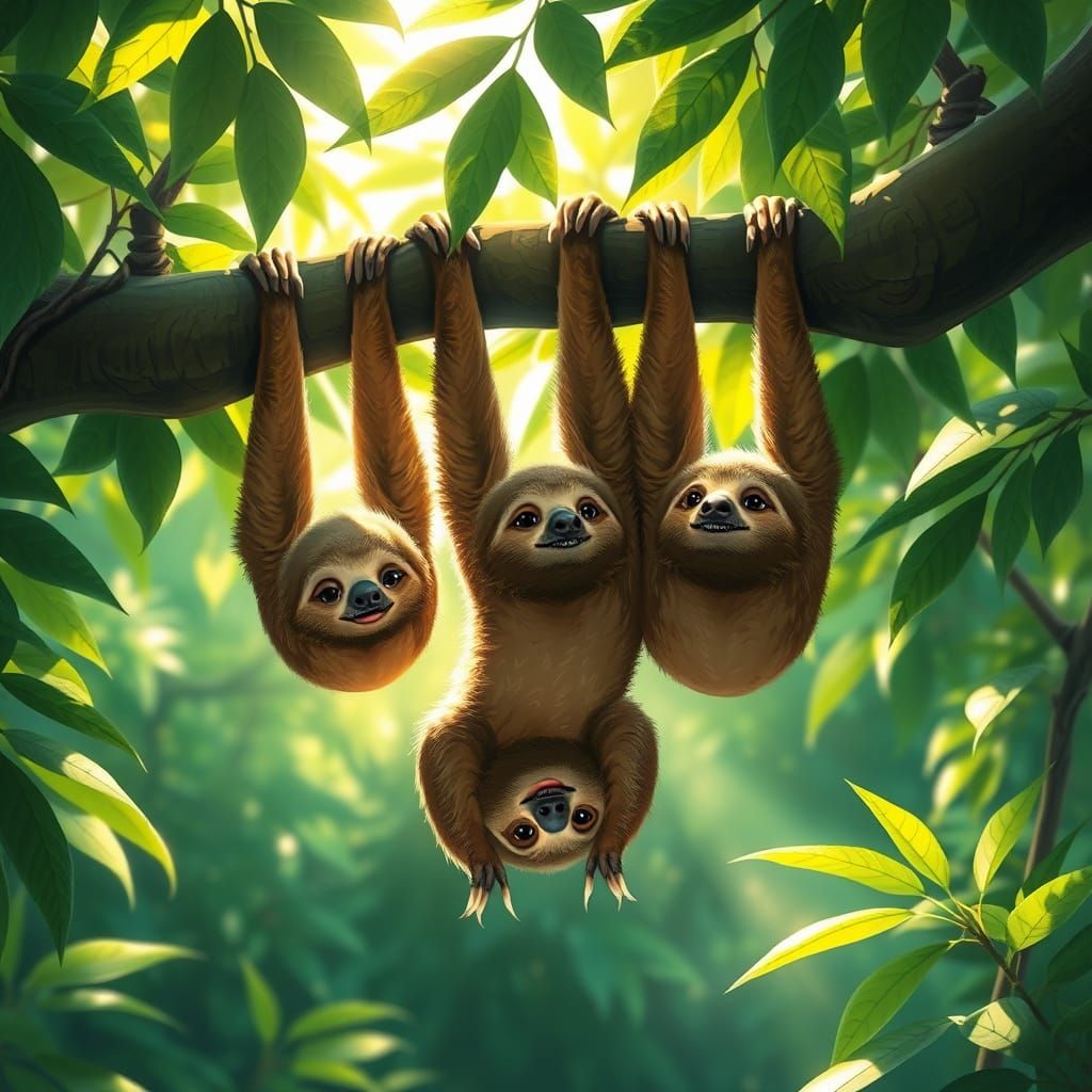 Adorable Sloths in Lush Rainforest Canopy Digital Painting