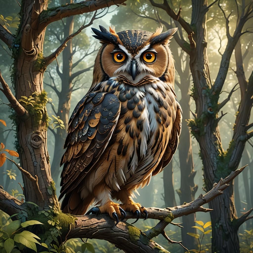 Wise Cartoon Owl in Whimsical Forest Setting