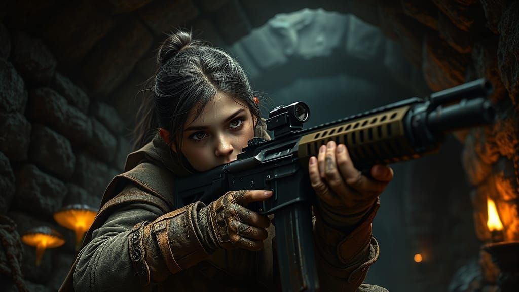 Young Girl Soldier in Dark Fantasy Dungeon Battle