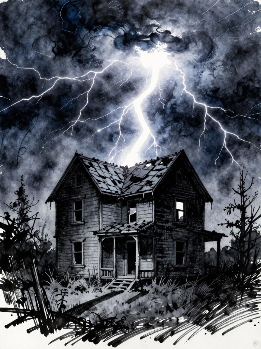 Macabre Noir House Under Lightning Storm Ink Drawing