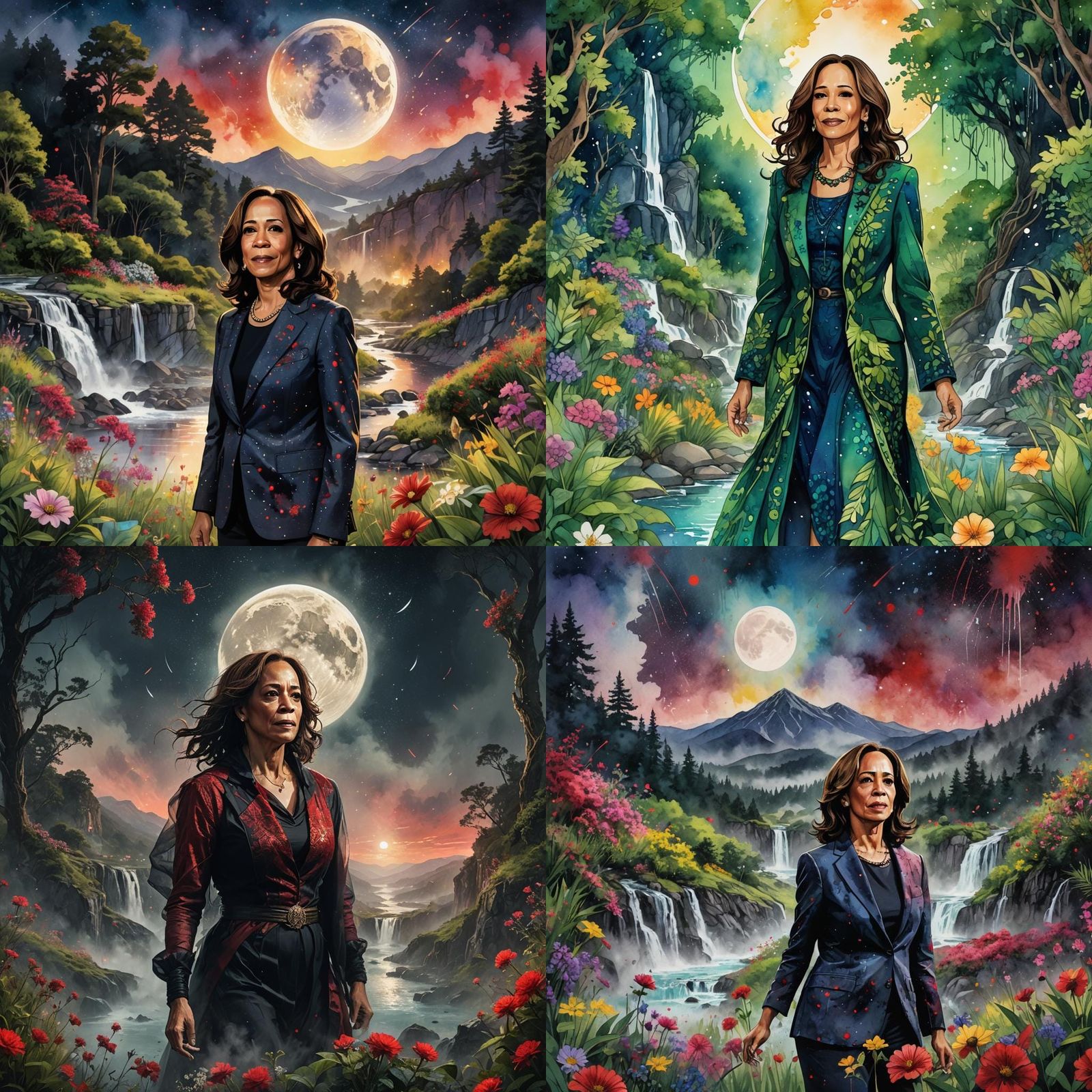 Kamala Harris in a Lush Summer Landscape, Ink Splatter Art