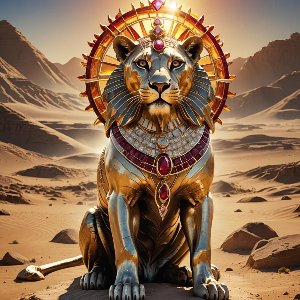 Golden Lioness Goddess Sekhmet in Desert Landscape
