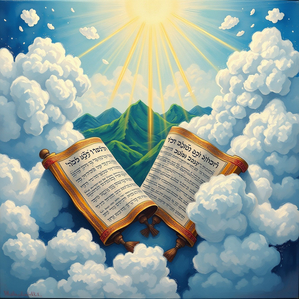 Torah Scrolls Among Clouds in Neo-Impressionist Style