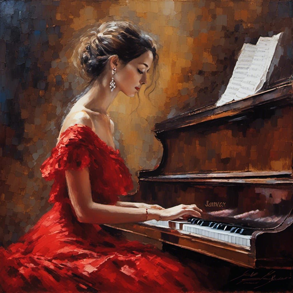 Woman in Red Dress Playing Piano