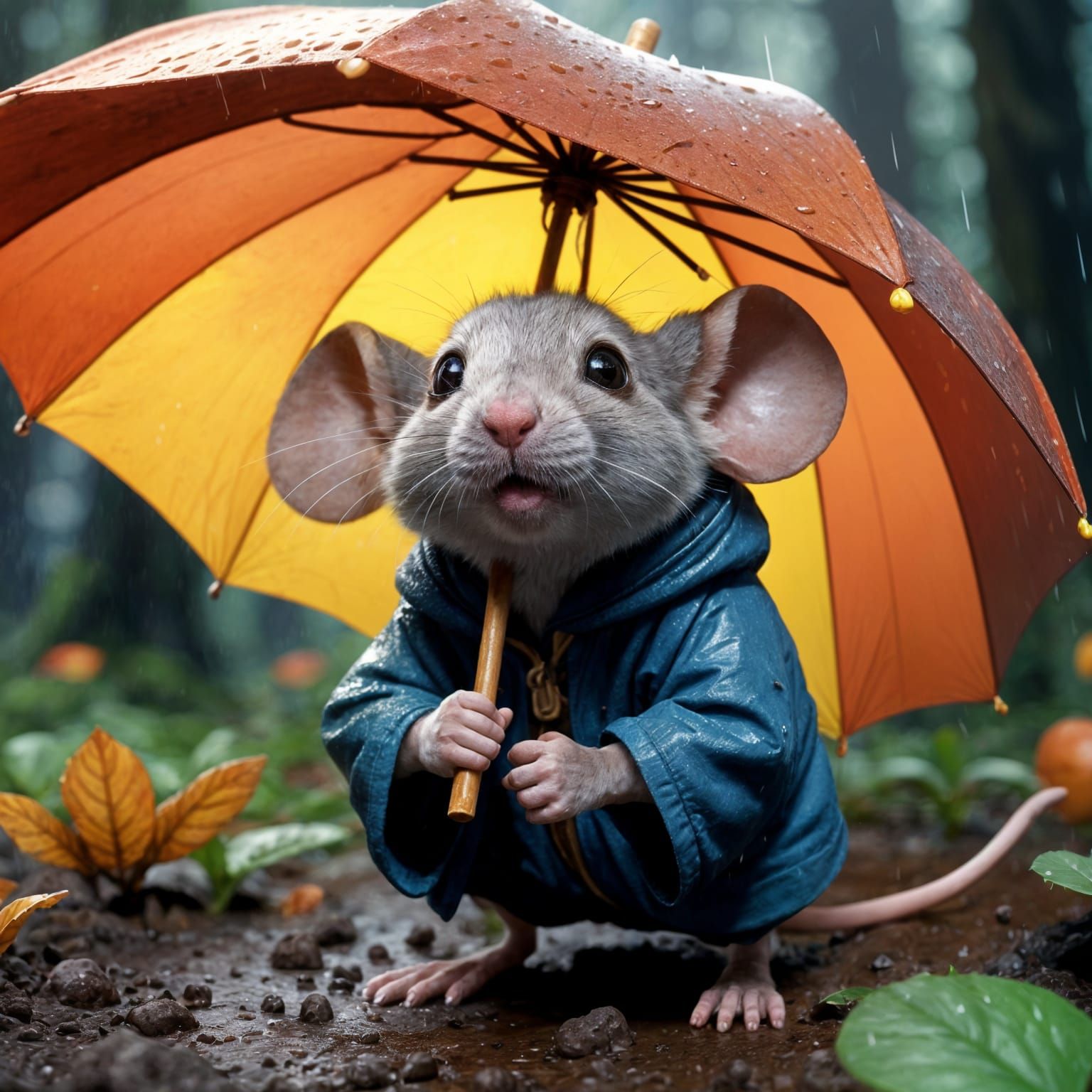 Cute Mouse Finds Shelter in Rainy Forest