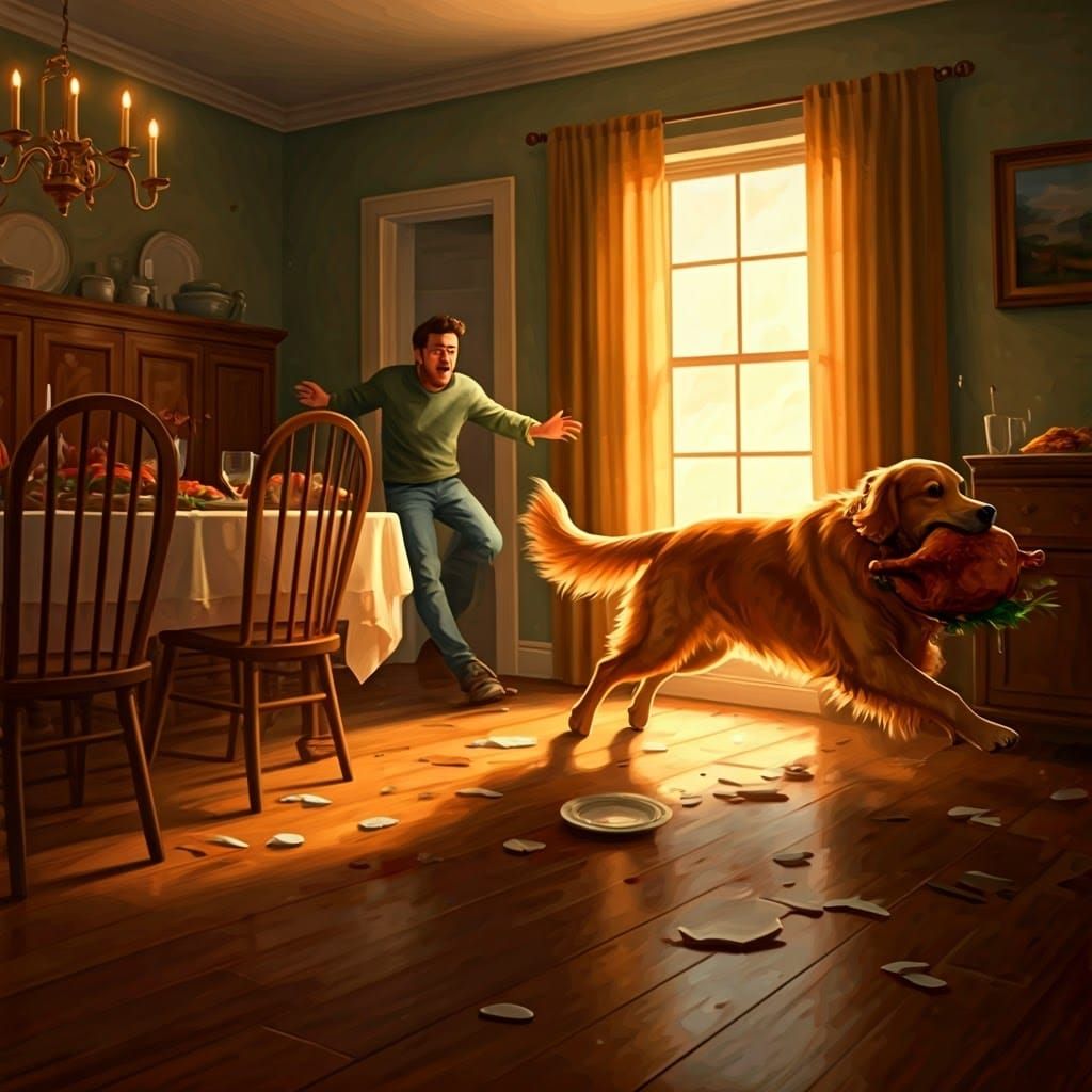 Golden Retriever Steals Turkey in Chaotic Dining Room