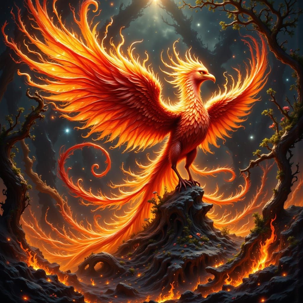 Crimson Phoenix Rising from Ashes, Digital Painting Style