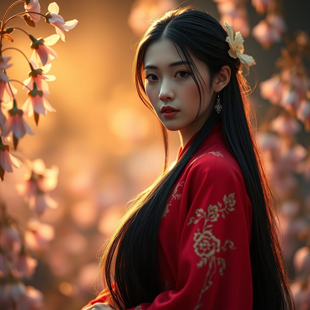 Ethereal Korean Beauty in Crimson Hanbok Gown