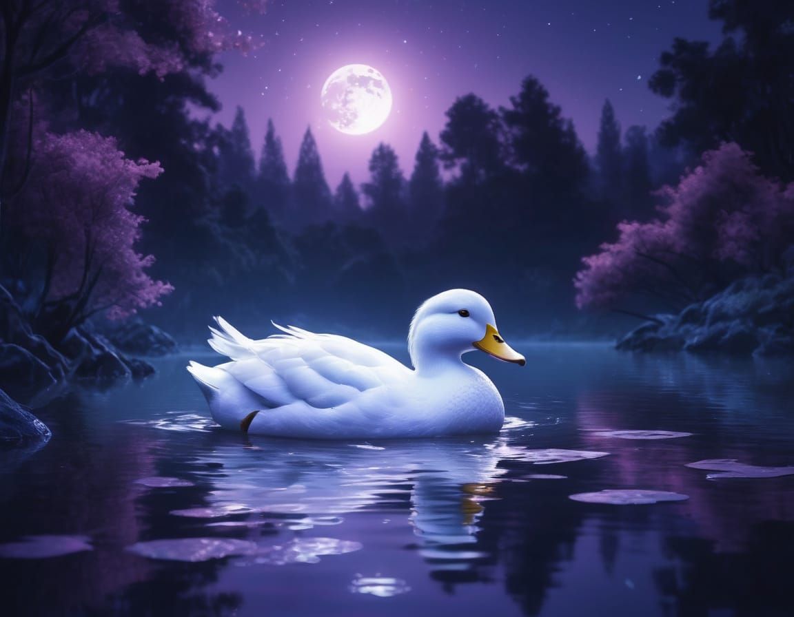 Surreal Pink Shimmering Magic Duck Under Midnight Moonlight