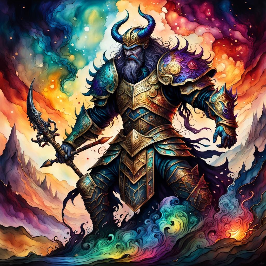 Victorious Warrior Over Monster in Alcohol Ink Art