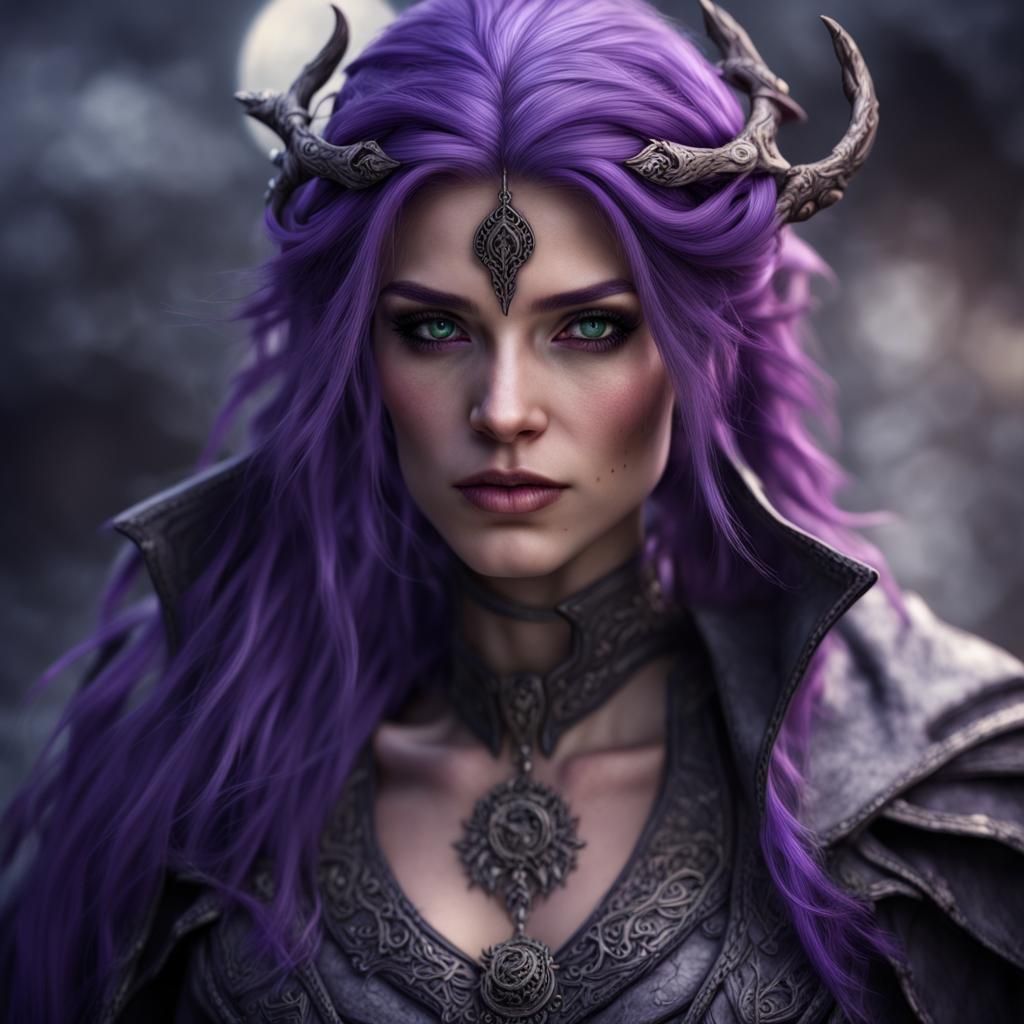 Hyperrealistic Half-Drow Sorceress with Purple Hair