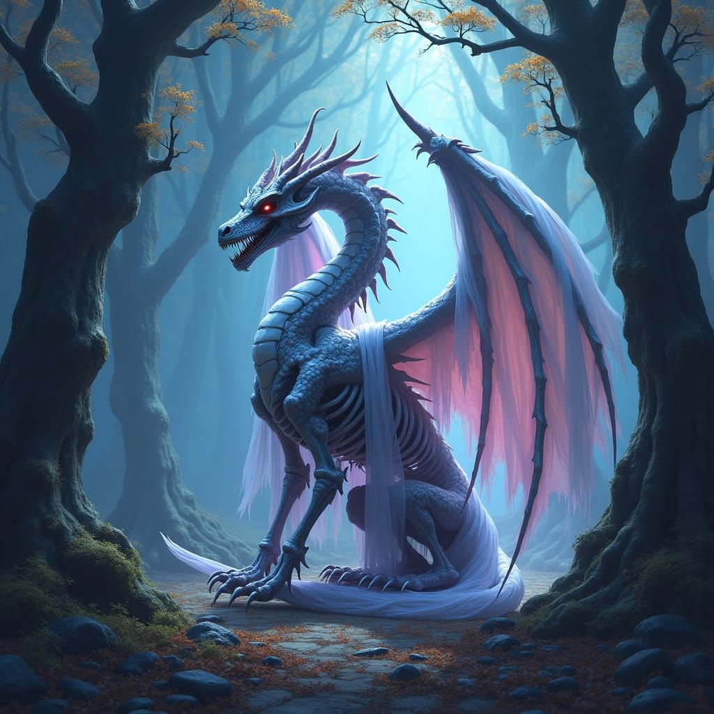 Skeletal Dragon in Mystical Forest Clearing