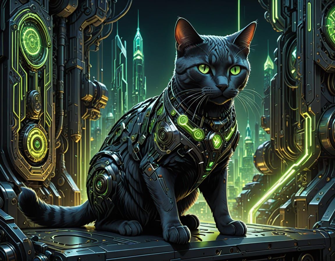Sleek Futuristic Black Cat with Piercing Green Eyes