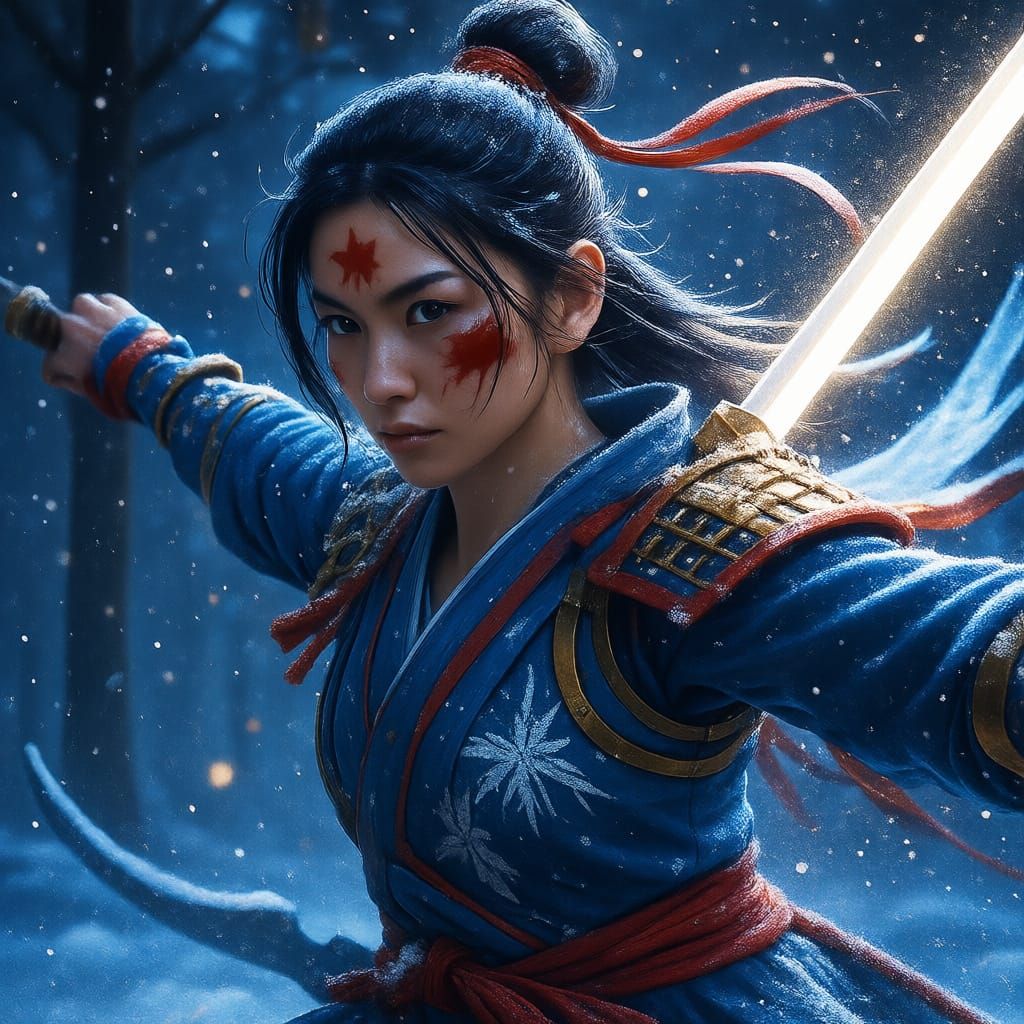 Red, White, and Blue Samurai in Snowy Scene