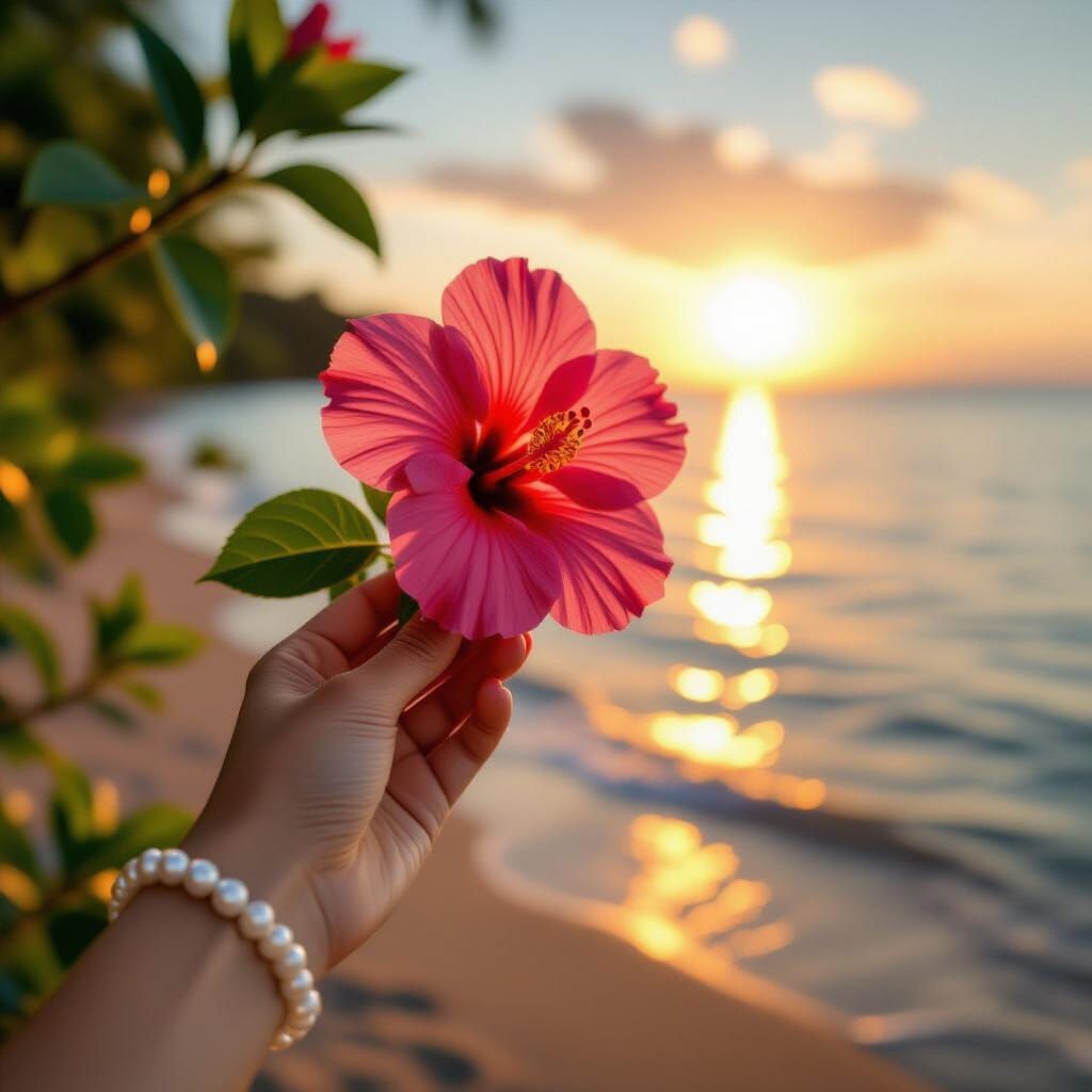 Elegant Hand Holds Hibiscus at Golden Hour Ocean Sunset