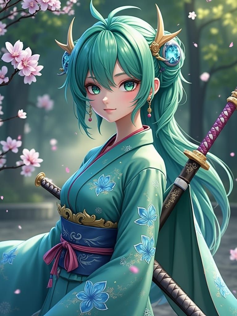 Anime Dragon Woman in Ocean Blue Wings and Kimono