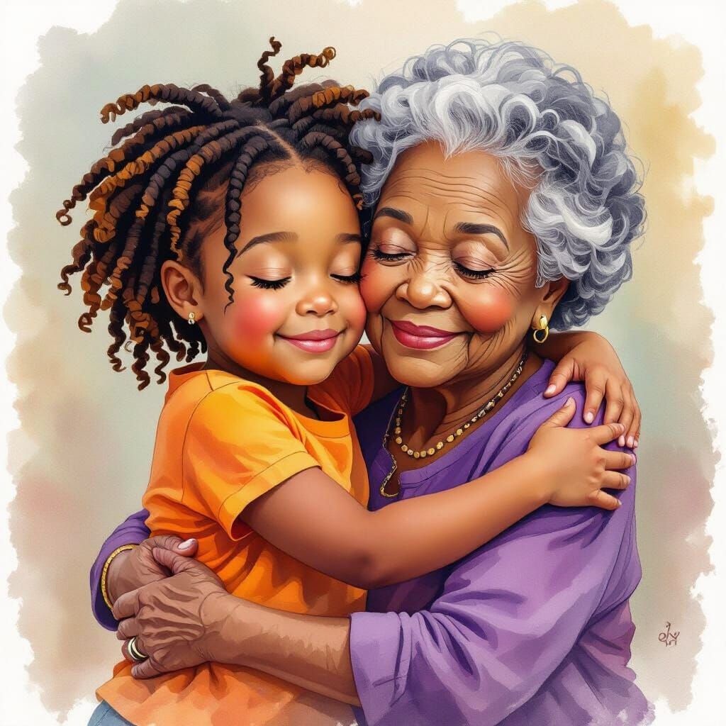 Girl Embraces Grandmother in Watercolor Airbrush Style