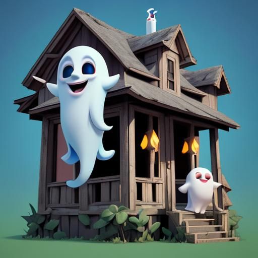 Cartoon Ghost on Porch in 3D Digital Art