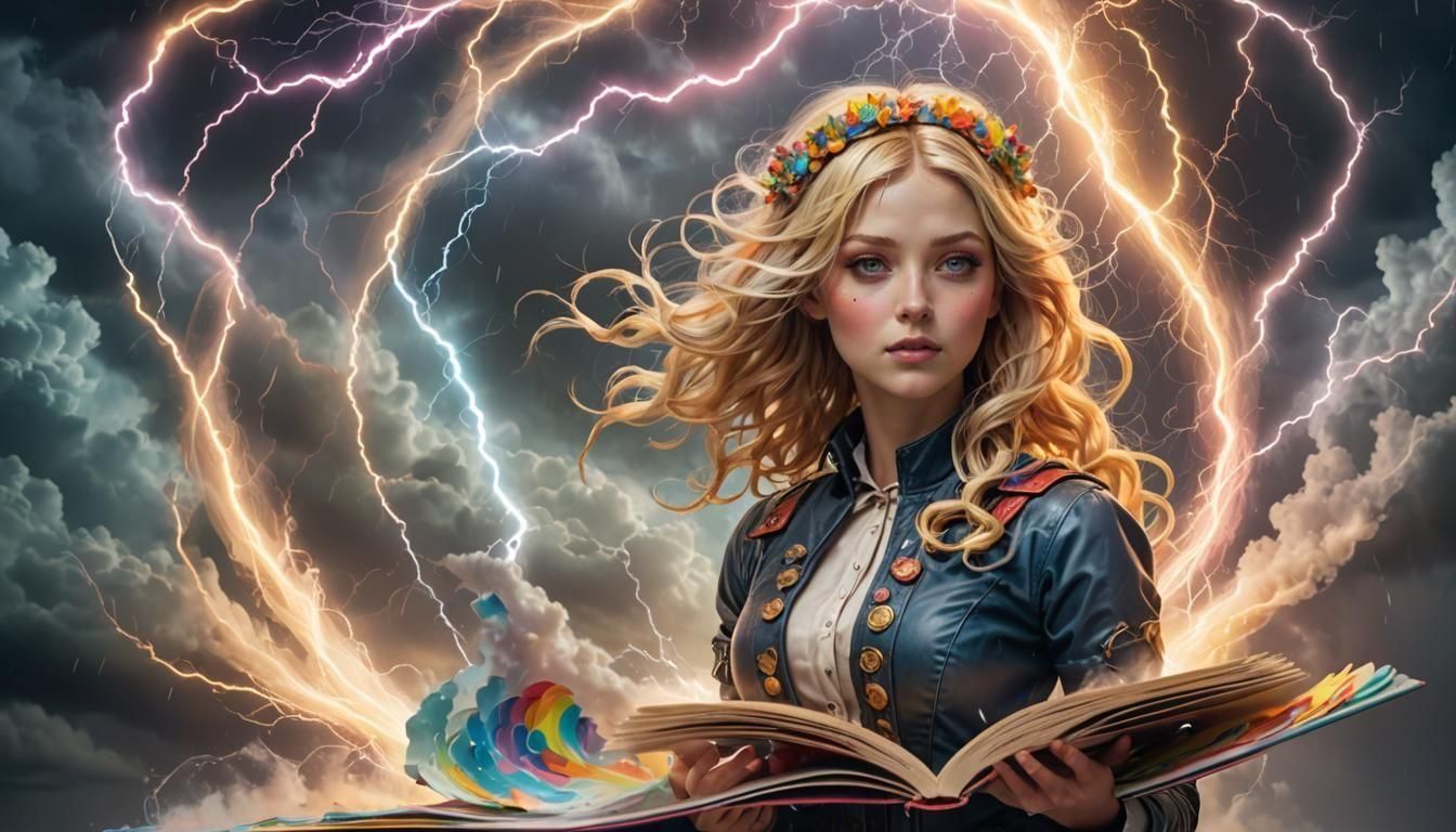 A popup book, a beautiful woman, blonde hair with rainbow streaks standing in a whirling storm of lightning and magnific...