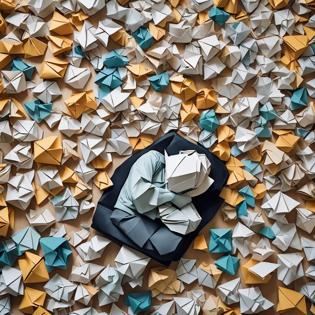 Man Sleeping in Office with Origami Papercraft