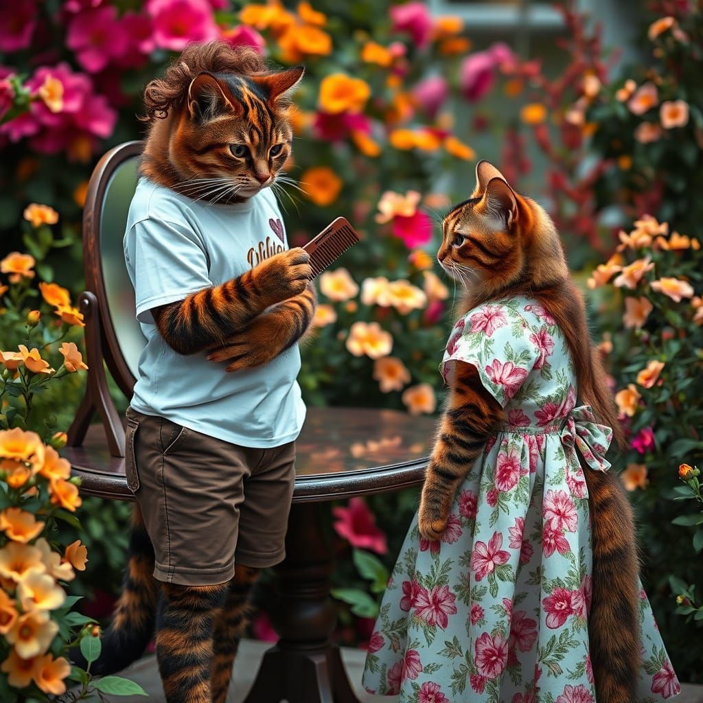 Hyperrealistic Cat Beauty Routine in a Vibrant Garden Scene