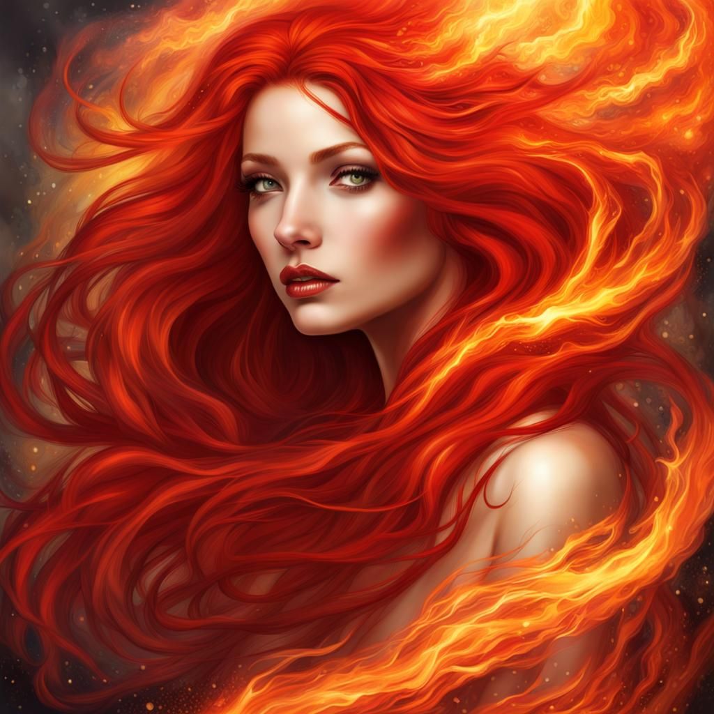 Mystical Fire Goddess with Flowing Red Hair