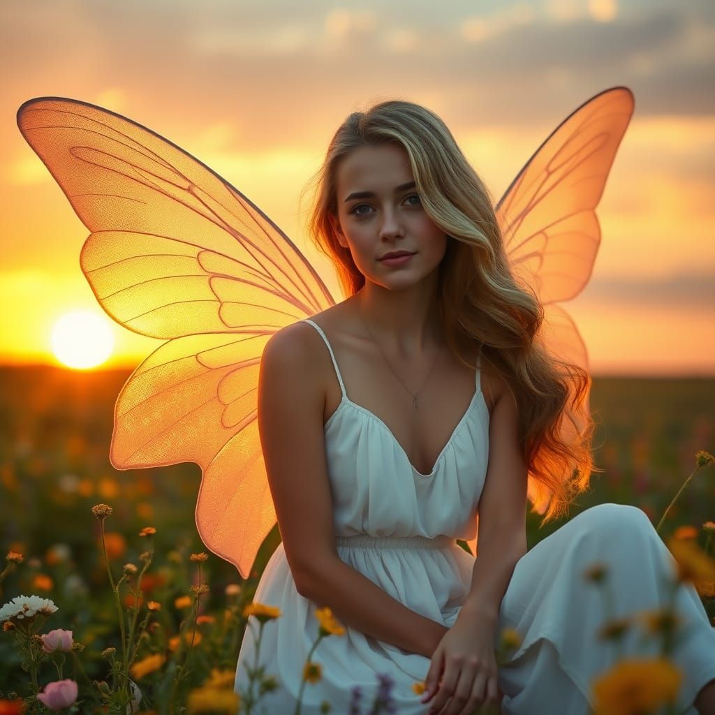 Fairy Woman in Sunset Flower Field