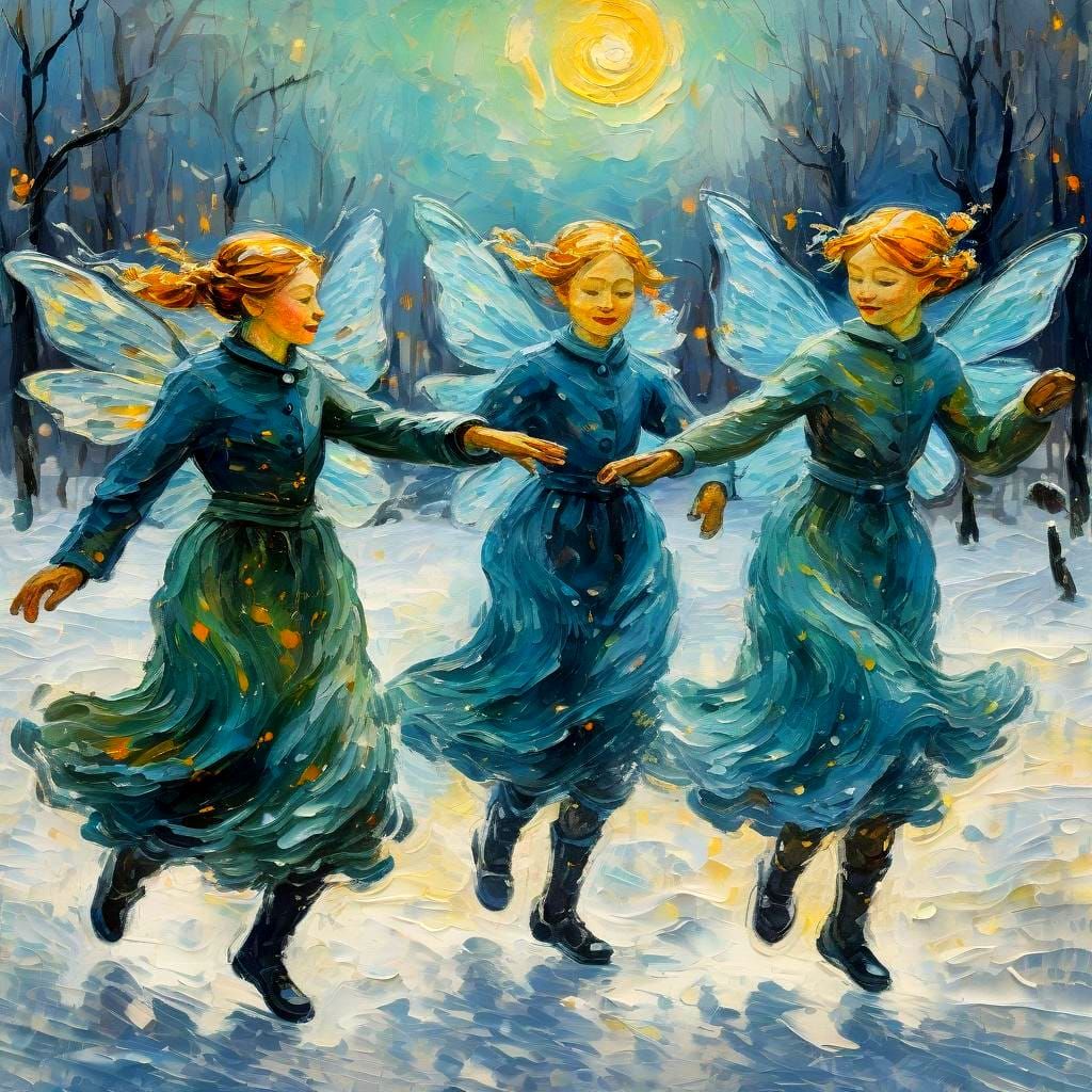 Vibrant Winter Fairies Dance in Snowy Landscape with Neo-Imp...