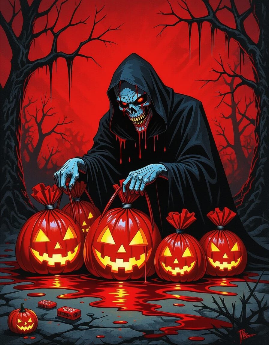 Gothic Halloween Candy Bags Dripping Blood in Red Glow