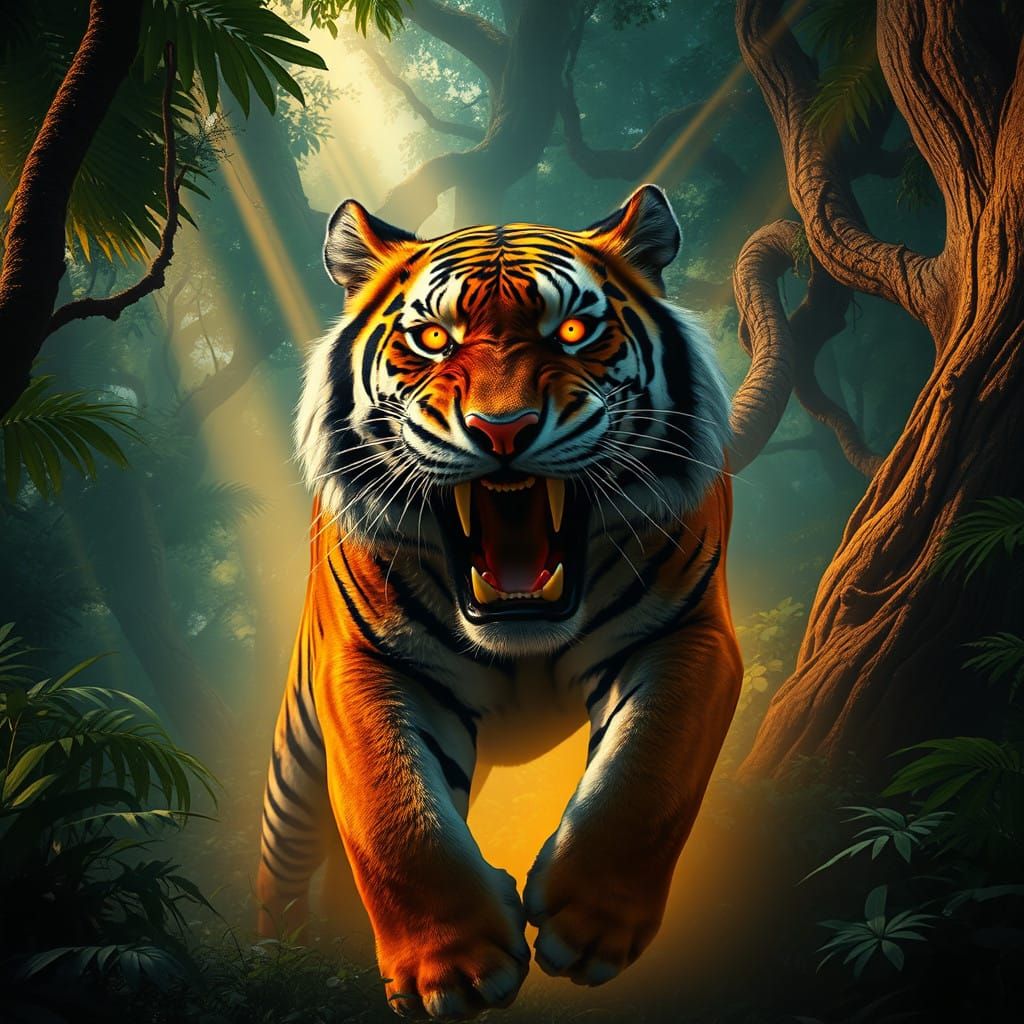 Ferocious Tiger Roaring into the Jungle in Vibrant Detail