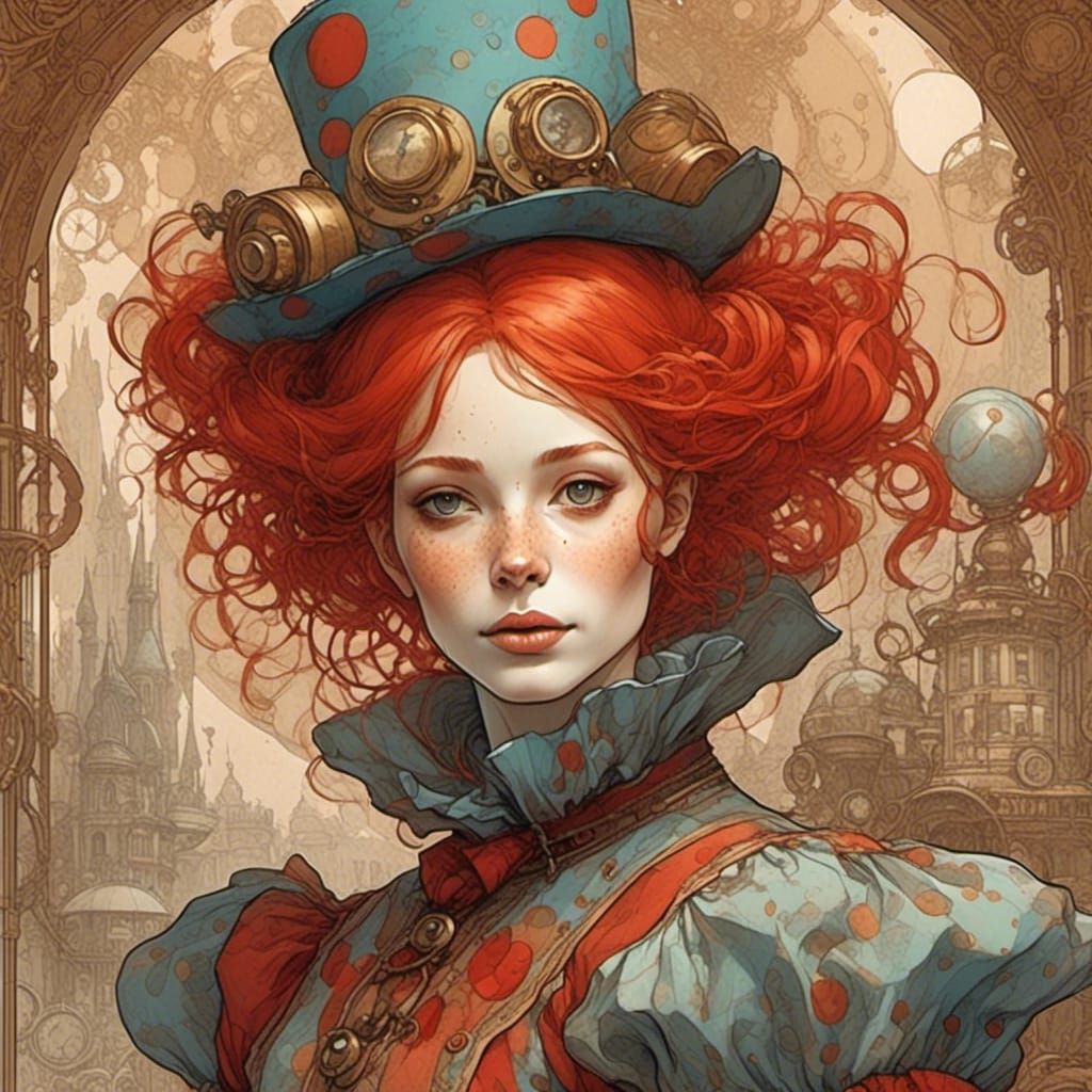 Woman as Clown in Pencil-Steampunk Style