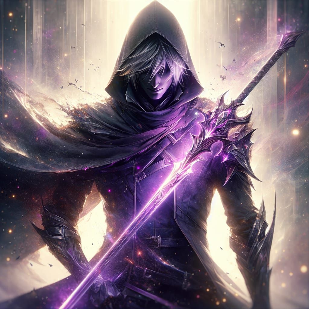 Mysterious Drow Hexblade with Purple Sword in Watercolor