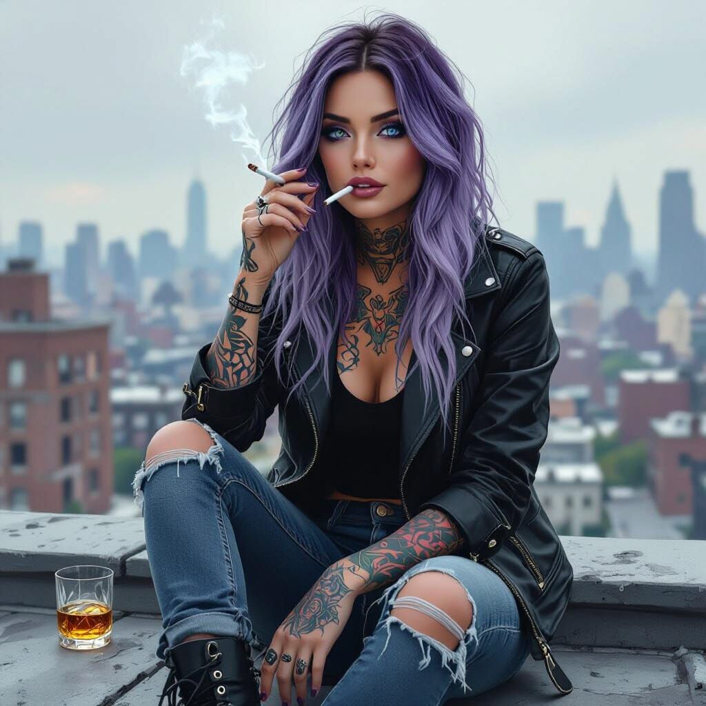 Tattooed Woman on Rooftop in Gritty Cityscape