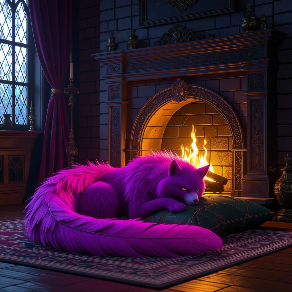 Pink Feathered Beast Rests by Fireplace