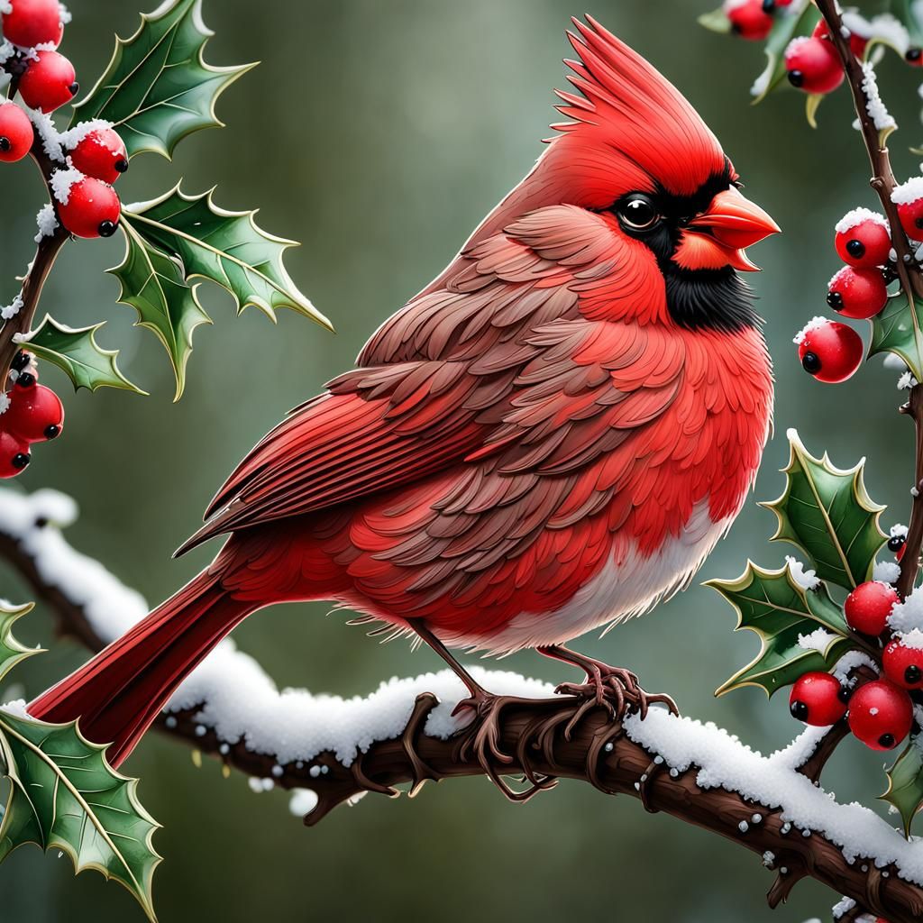 Chibi Cardinal with Holly in Watercolor Style