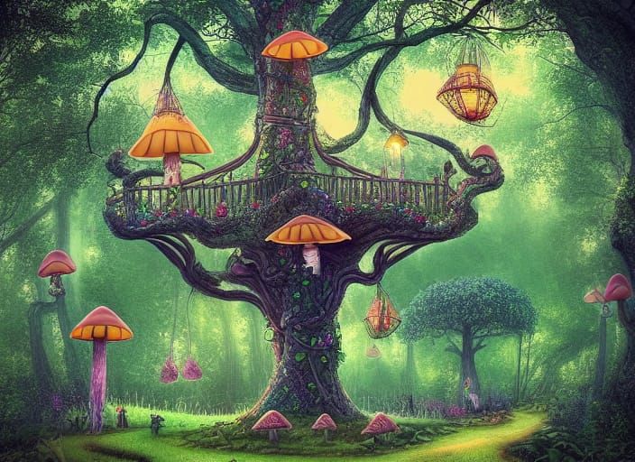 Magical Treehouse Village in a Psychedelic Forest