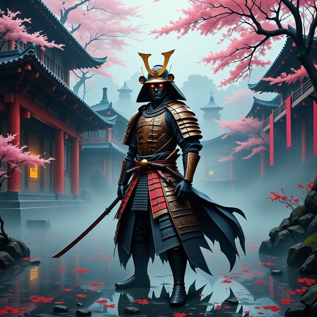 Mystical Samurai Warrior in Ancient Temple Courtyard