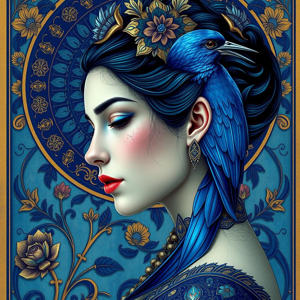 Art Nouveau Blue Lady Portrait in Erte Style
