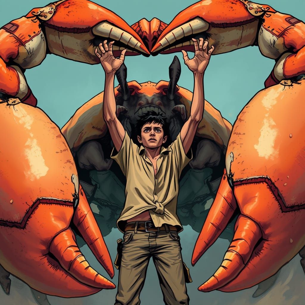 Man Surrenders to Giant Crab in Comic Book Style