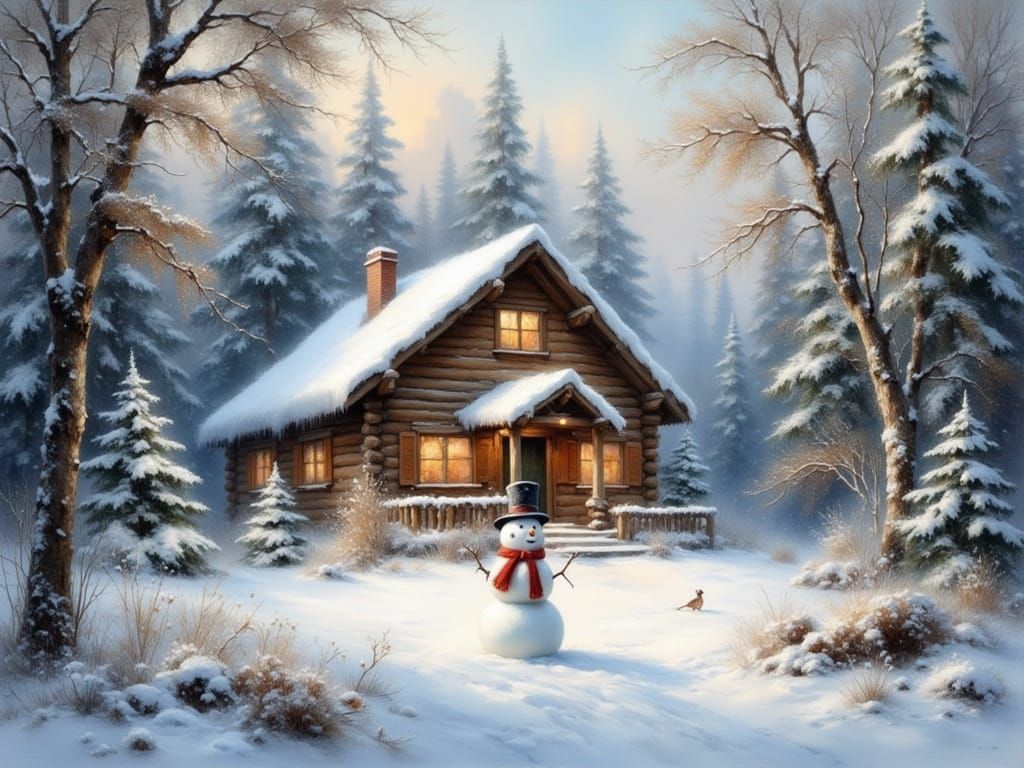 Snowman in Winter Cabin: Rembrandt Oil Painting