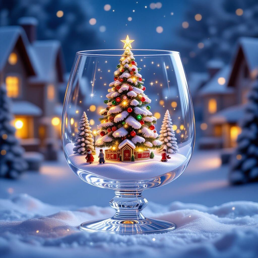 Miniature Christmas Village in Brandy Snifter