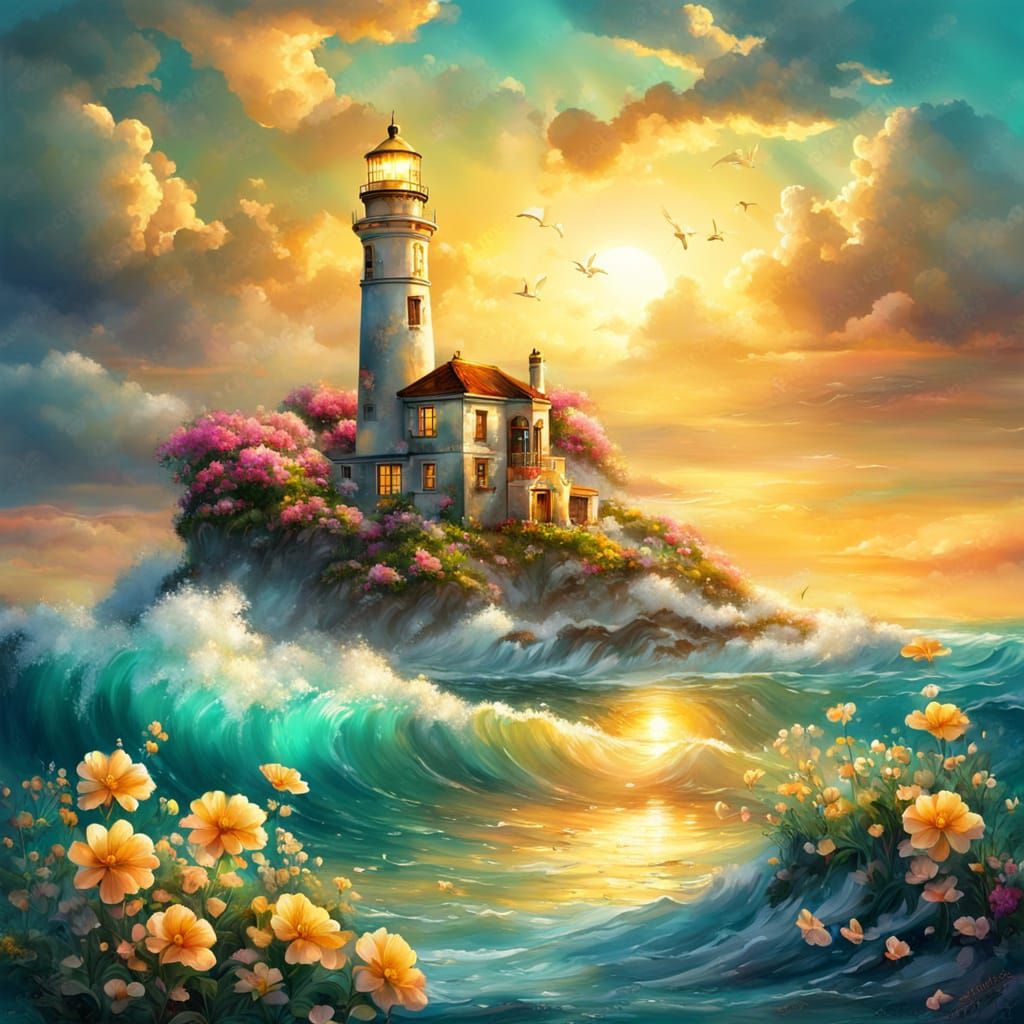 Surreal Golden Lighthouse Amidst Emerald Waters