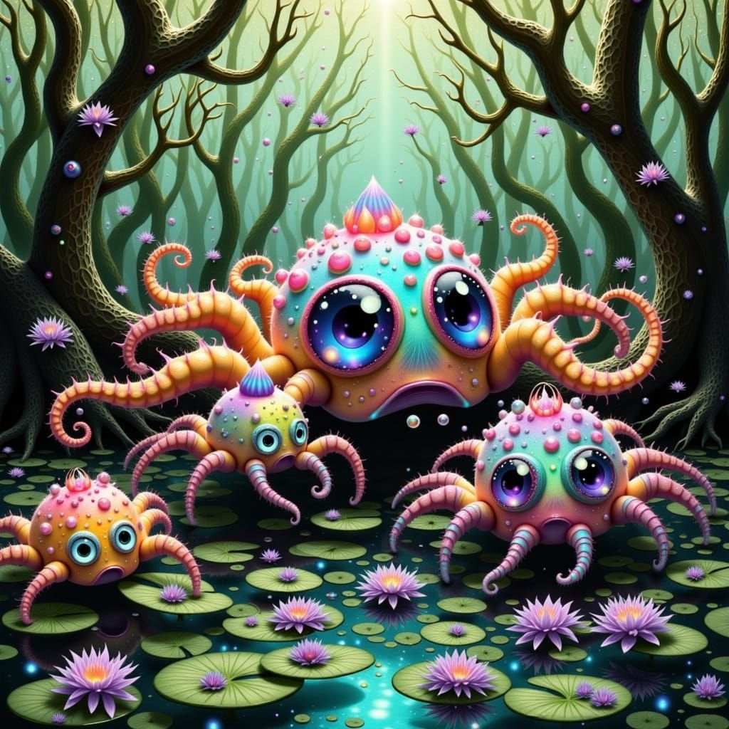 Whimsical Fae Spider-Octopi Play in Vibrant Everglades Scene
