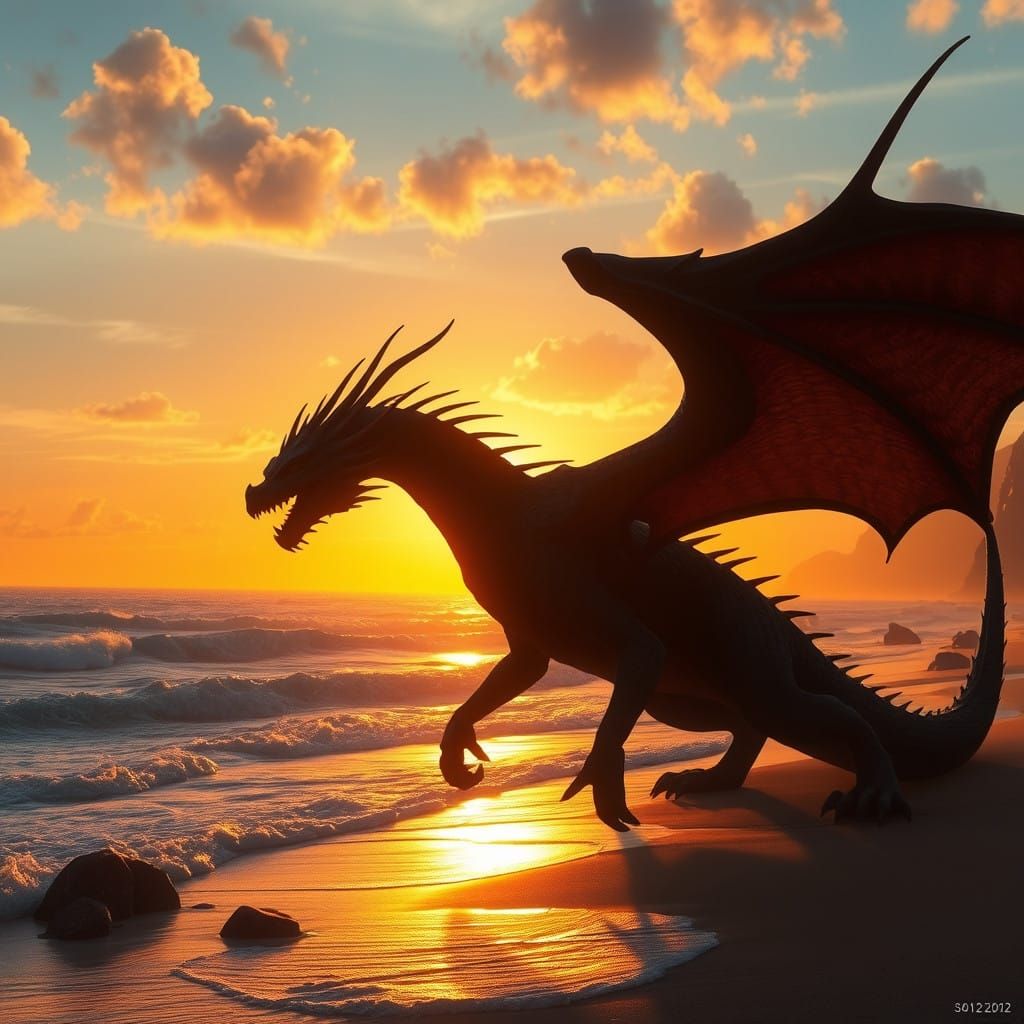 Majestic Dragon Silhouette at Sunset Beach in Futuristic Sty...
