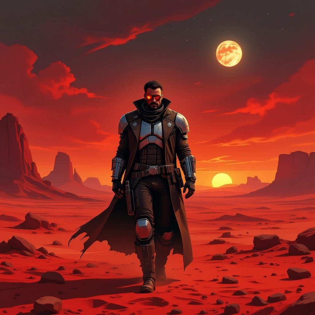 Grizzled Space Cowboy on Crimson Desert Planet