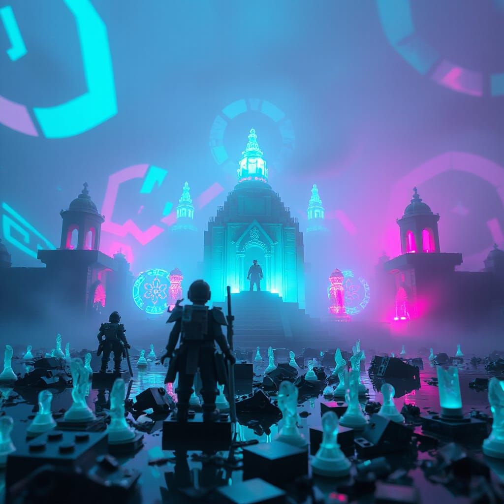 A collapsing temple made of glowing LEGO bricks stands in a bioluminescent swamp under a plastic sky. Swirling fog hums ...