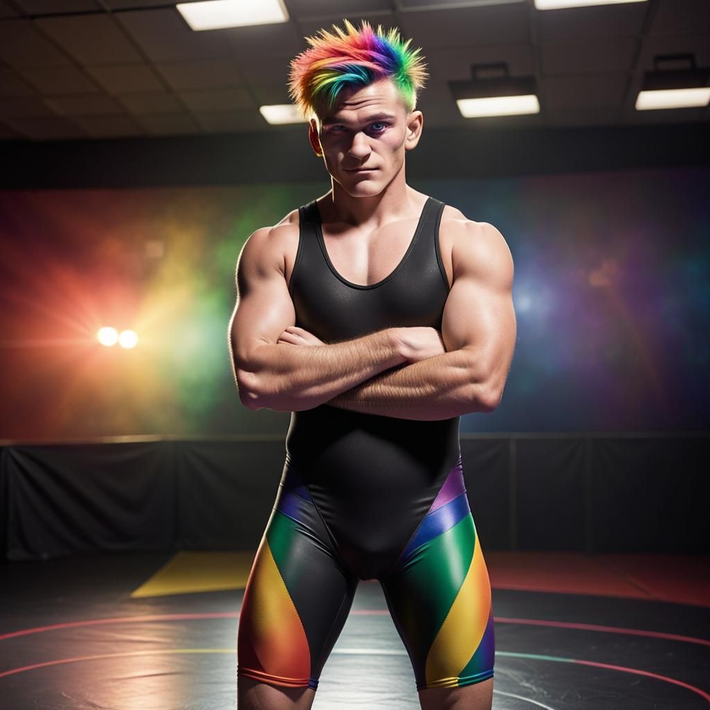 Confident Rainbow-Haired Wrestler on the Mat