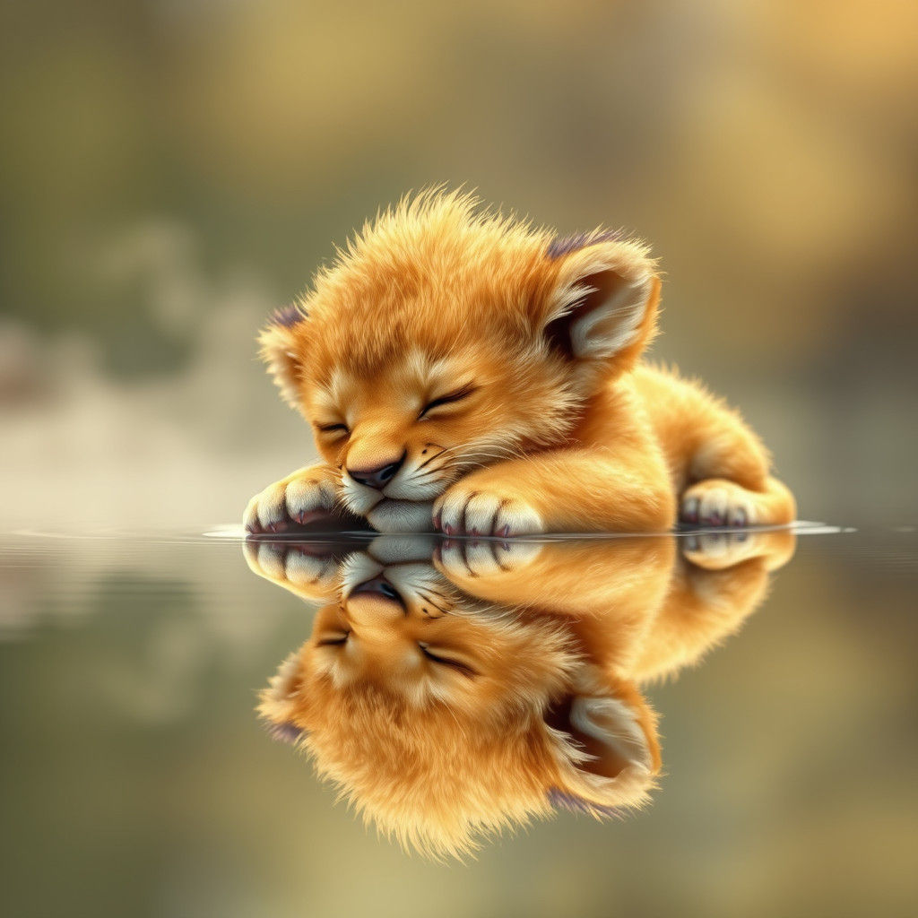 Kawaii Lion Cub Asleep in Misty Waters