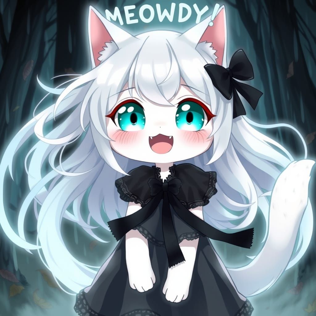 Spooky Cute Anime Ghost Catgirl in Haunted Woods