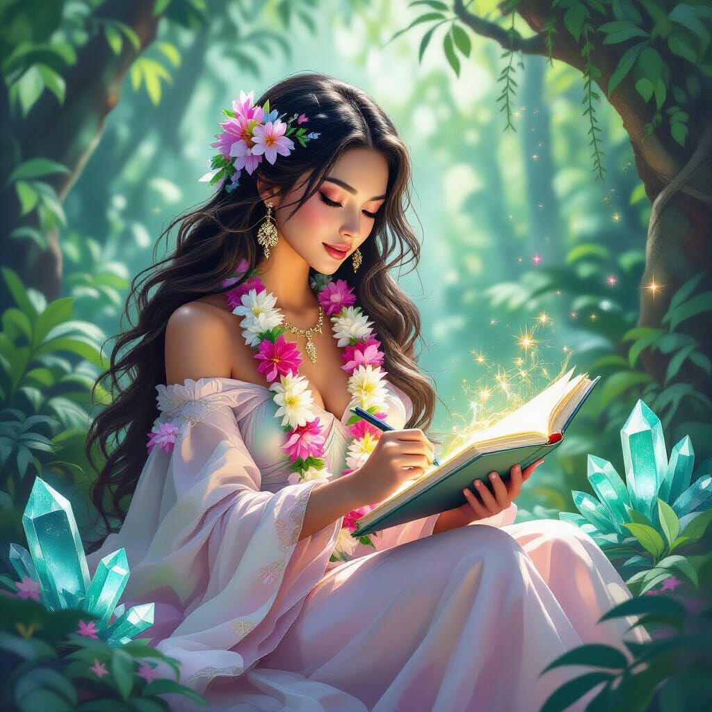 Goddess Writing in Emerald Forest, Oil Painting